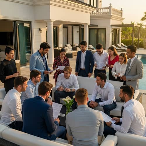 Diverse Group Sharing Investment Opportunities in Luxury Villa