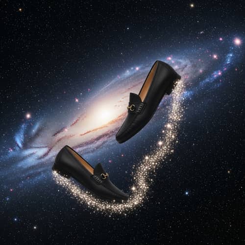 Venetian Loafers Floating in Space: Surreal Cosmic Scene