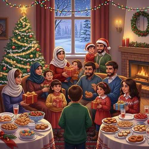 Multi-Cultural Holiday Celebration with Festive Lights and Treats