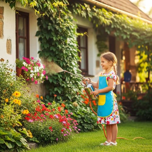 Summer Garden Scene: Young Girl Spraying Flowers in Rustic Setting
