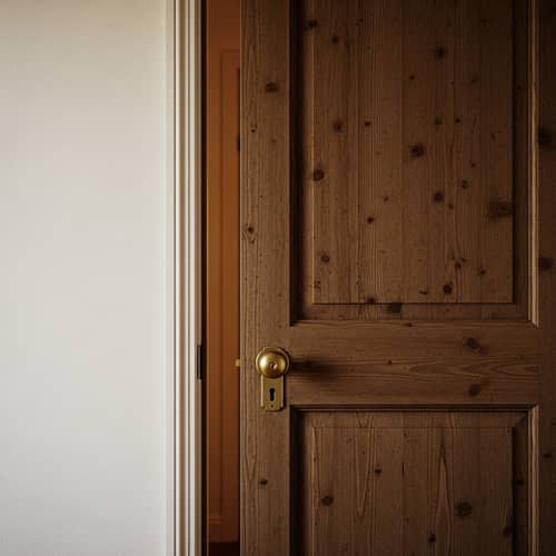 Tranquil Scene: Wooden House Door Ajar Revealing Warmly Lit Room