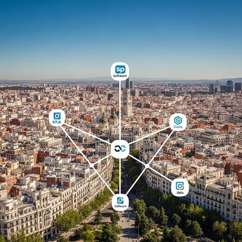Madrid Cityscape with Network of Software Logos - Data Environment Visualization