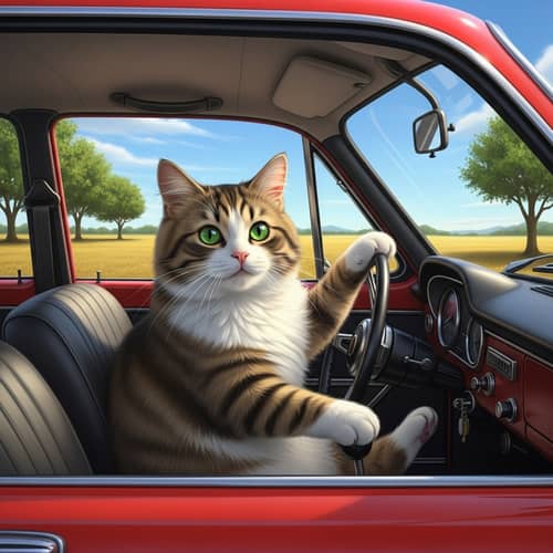 Playful Cat Driving Red Vintage Car in Scenic Field