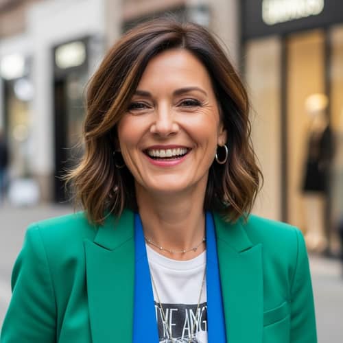 Fashionable Middle-Aged Woman with Spunky Personality | 50s, Brown Hair, Joyful Spirit