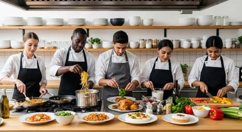 Diverse Chefs Cooking Delicious Meals in a Bustling Kitchen