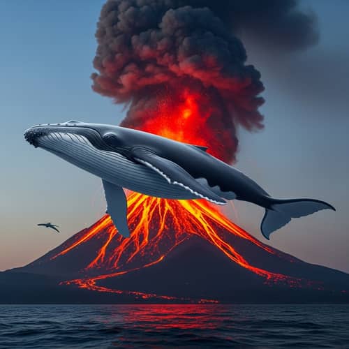 Whale Soaring in the Sky over Erupting Volcano