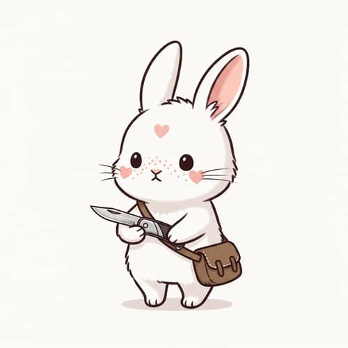 Miffy with heart freckles and has a pocket knife. Small brown satchel