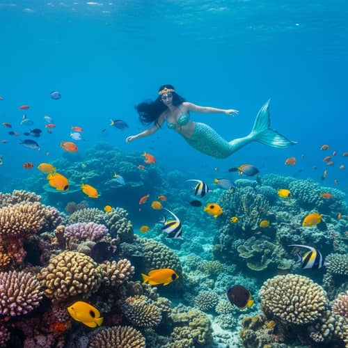 Mystical Middle-Eastern Mermaid Gliding Underwater