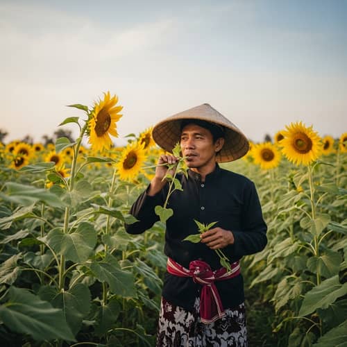 Sundanese Farmer in Traditional Attire Nibbling Sunflower Plants