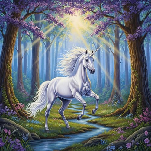 Majestic Unicorn in Enchanted Forest Art