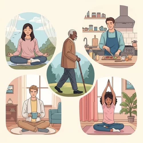 Diverse Self-Care Activities: Meditation, Nature Walk, Healthy Meal, Yoga