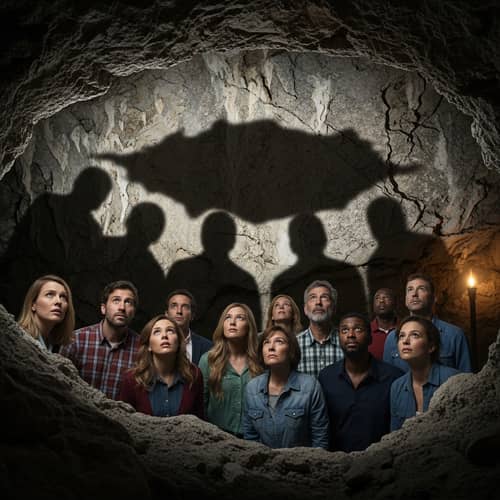 Allegory of Deception in Eroded Cave: Illusion of Shadows