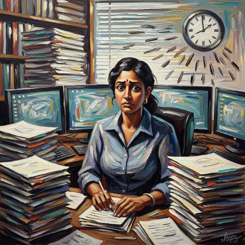 South Asian Woman Office Job Stress | Abstract Oil Painting