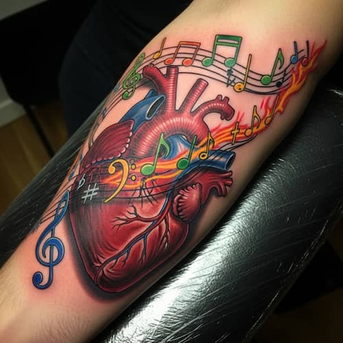 Realistic Heart Tattoo with Musical Notes - Colorful Design