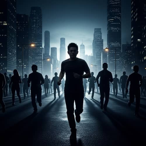 Dramatic Night Run in City: Enigmatic Escape to Light