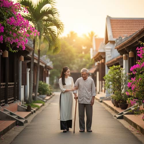 Supportive Vietnamese Woman Helping Elderly Man Walk