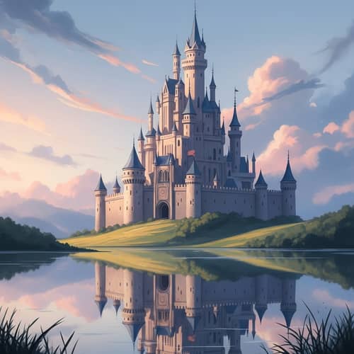Majestic Watercolor Fantasy Castle Overlooking Serene Lake
