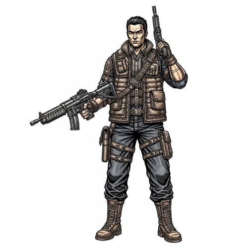 Ultra-Detailed 2D Game Art of Manga-Inspired Man Holding Gun