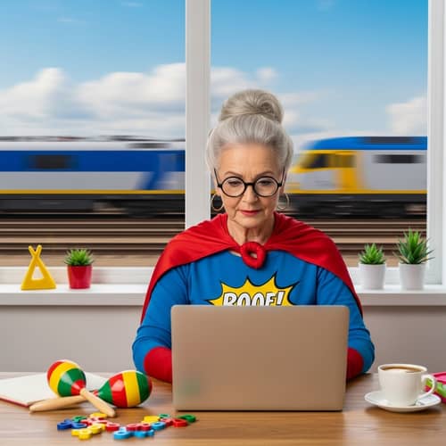 Gray-Haired Superhero Grandmother at Laptop with Futuristic Locomotives View