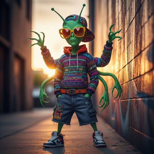 Extraterrestrial Fashion Icon in Bad Bunny-Inspired Attire