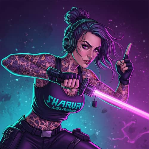 Tattooed Gamer Girl Digital Painting - Cyberpunk-Inspired Art