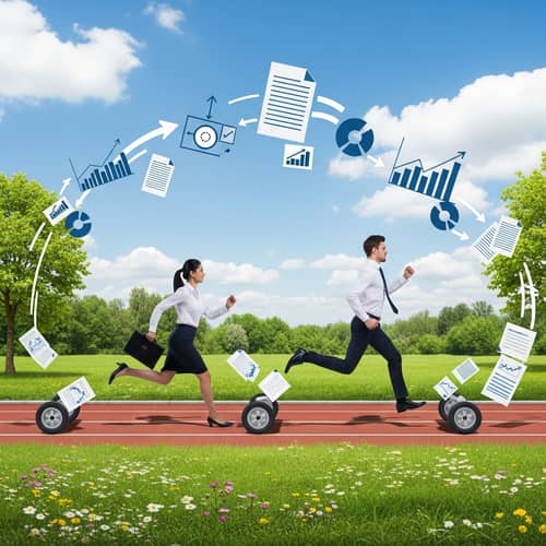 High-Energy Businessman and Businesswoman Overcoming Challenges on Scenic Jogging Track