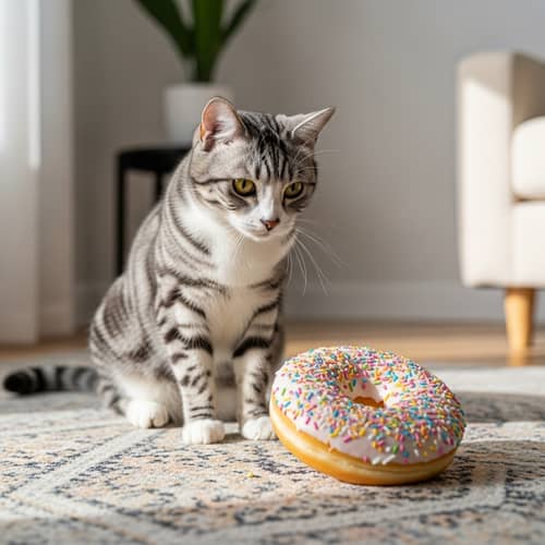 Playful Cat Investigating Colorful Donut on Patterned Rug