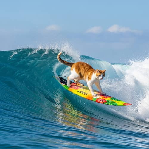Cat Surfing on Wave: Effortless Balance in Sunny Ocean