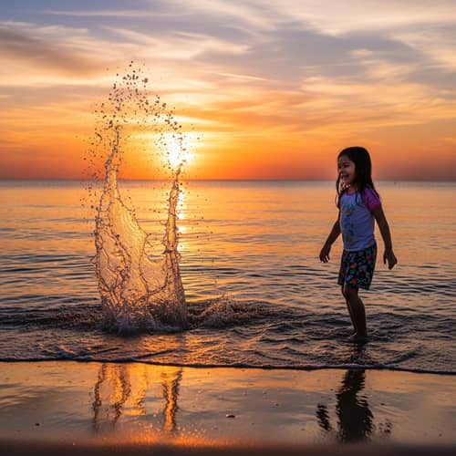 Hispanic Girl Standing on Sandy Beach at Sunset