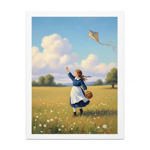 Whimsical 19th Century Impressionist Style Illustration of Girl Flying a Kite