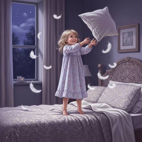 Whimsical Nighttime Fantasy with Blonde Girl on Bed