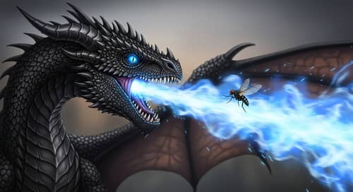 Dark Juvenile Dragon Expelling Blue Fire - Intriguing Encounter