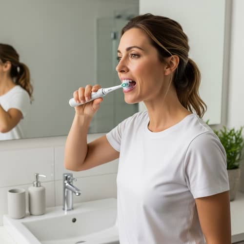 Caucasian Woman Using Philips Electric Toothbrush in Bathroom