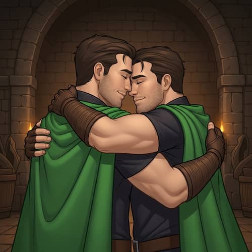 Muscular White Princes Embrace in Emerald Green Capes
