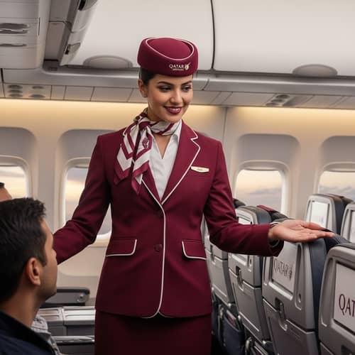 Professional Qatar Airways Flight Attendant in Maroon Suit