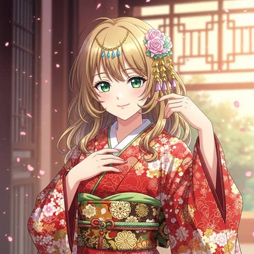 Anime Girl in Kimono & Chinese Jewelry | Golden Hair, Green Eyes