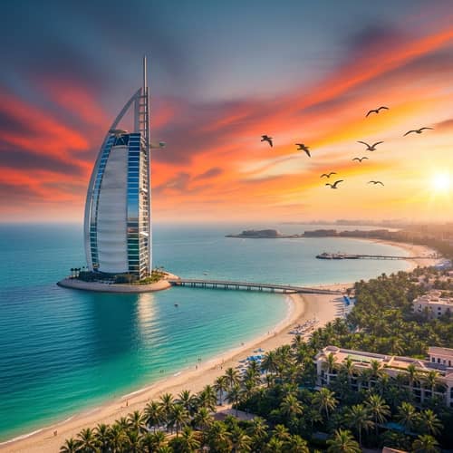 Luxurious Sailboat-Shaped Building Overlooking Sparkling Blue Sea