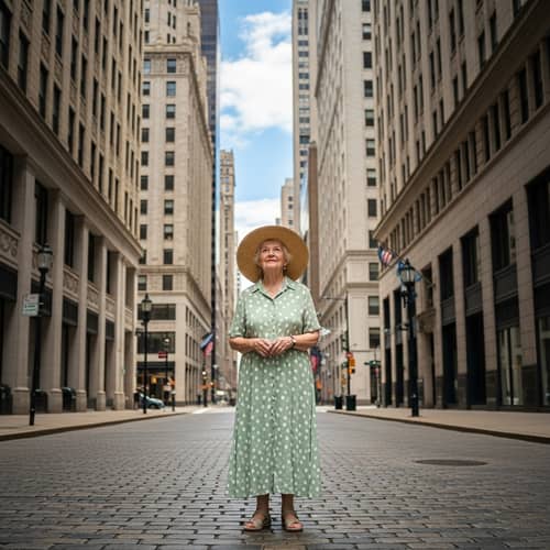 Elderly Woman Admiring Cityscape | Calm Street Scene