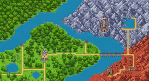 64 Bit Pixelated Adventure Map: Plain, Forest, Mountains, Castle, Mine