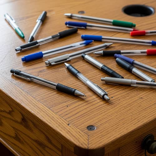 Dynamic Array of Ballpoint Pens on Wooden Desk