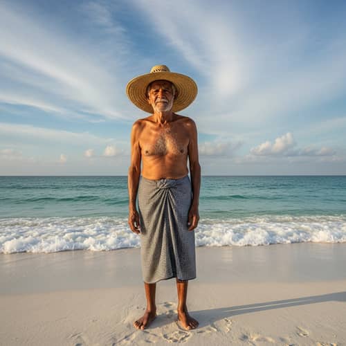 Shirtless Elderly Arab Man on Sandy Beach