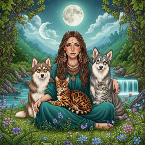 Mystical Scene with Bengal Cat and Shaman Woman