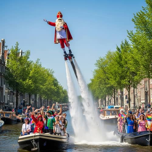 Canal Pride Celebration in Amsterdam | Festive Sinterklaas Flying with Jet-pack