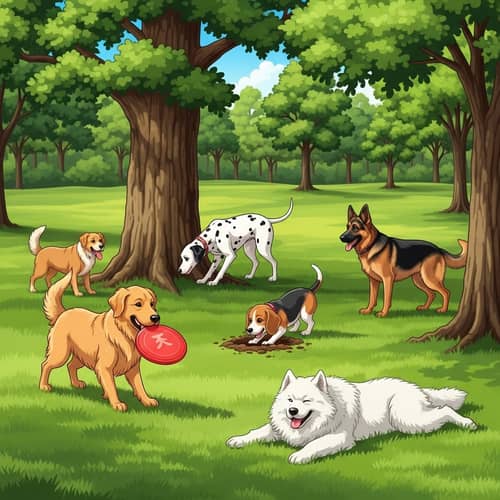 Tranquil Park Scene with Playful Dogs | Green Oasis Retreat