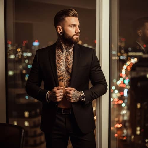 Elegant Man in London: Muscular Athlete in Fine Suit with Tattoos
