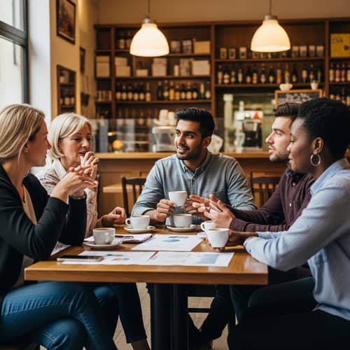 Diverse Founders Discussing Startup Ideas in Cozy Spanish Cafe