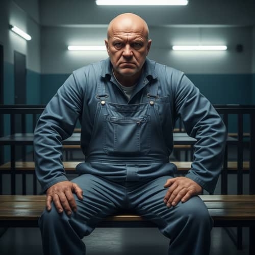 Russian Prisoner in Faded Blue Overalls - 4K Image