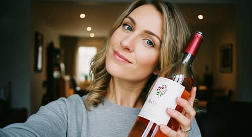 Caucasian Woman with Blue Eyes and Blonde Hair Holding Rose Wine