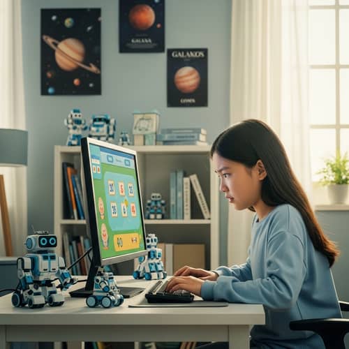 Interactive Learning for Kids: East Asian Female Child Engaged in Educational Game