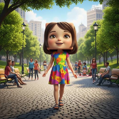 Young Girl with Cube-Shaped Head Enjoying City Park